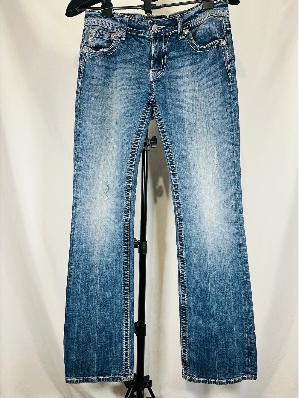 Miss Me Women's Bootcut Jeans Size 31 Blue Denim with Embroidered Cross and Stud